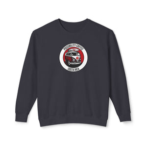 Costa Rica Pura Vida Black sweatshirt with a graphic design of van and surfboard on a white background
