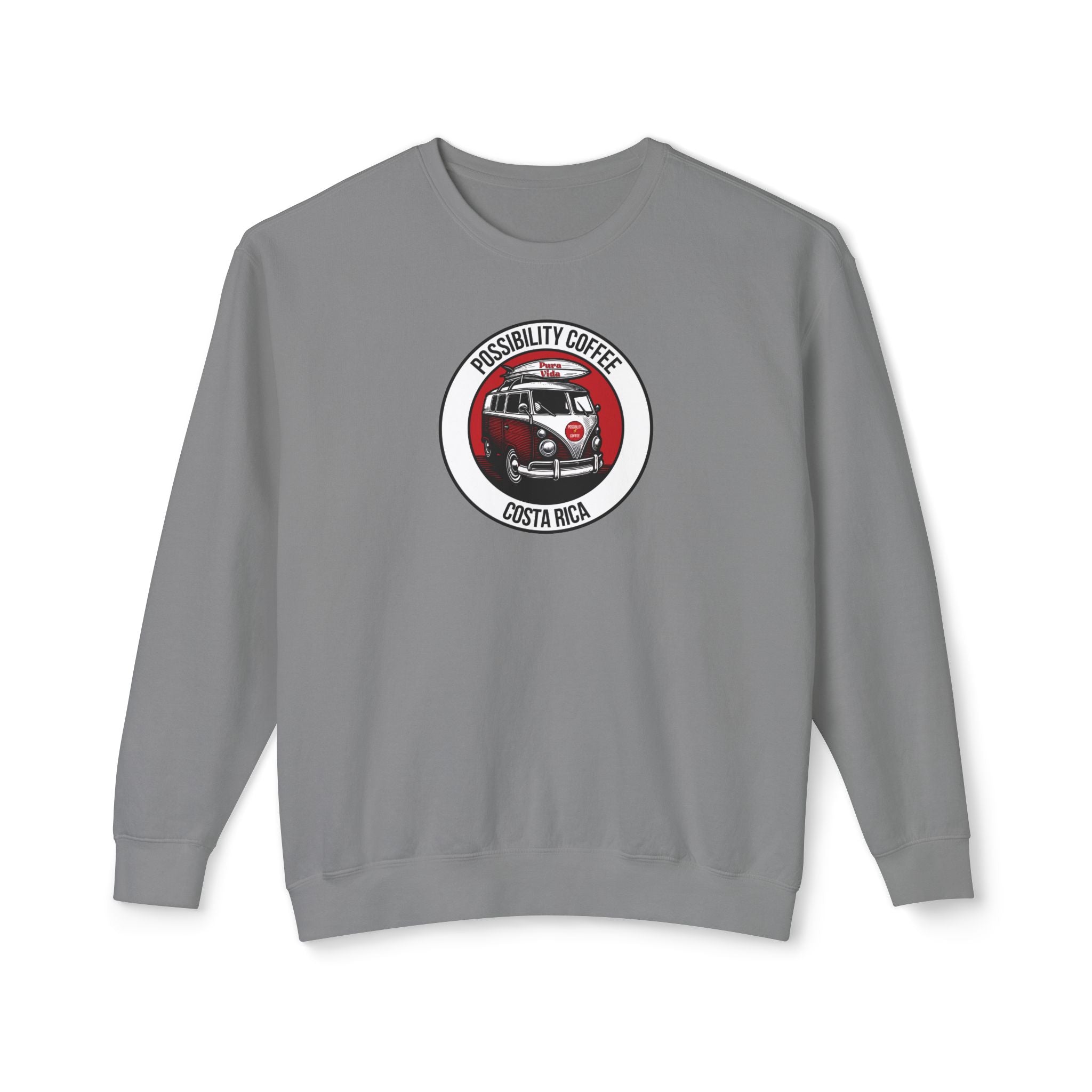 Costa Rica Pura Vida Gray sweatshirt with a circular design featuring a van with surfboard and text on a white background