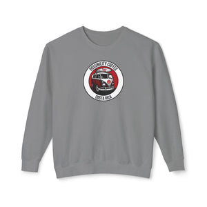 Costa Rica Pura Vida Gray sweatshirt with a circular design featuring a van with surfboard and text on a white background