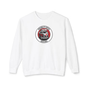 Costa Rica Pura Vida White sweatshirt with a graphic design of van and surfboard with text on a white background