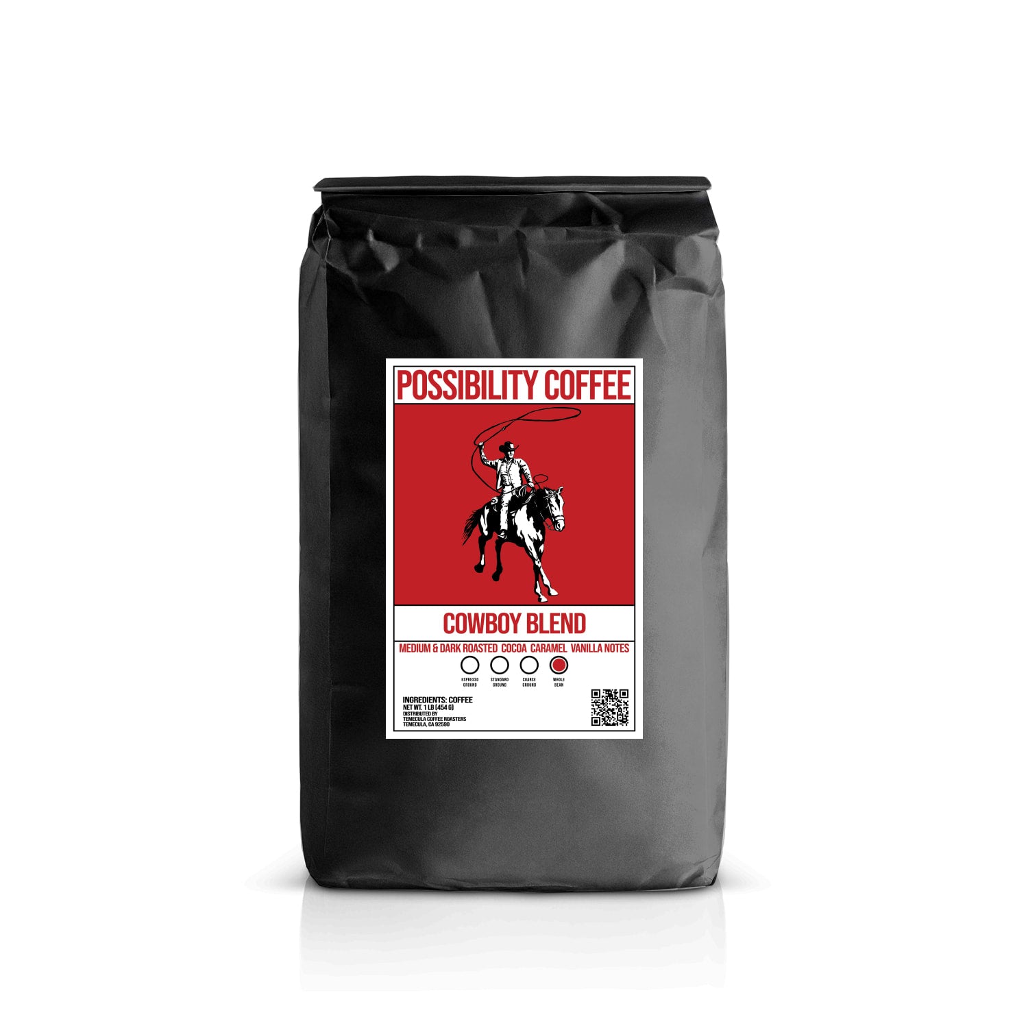 A black bag of Possibility Cowboy Blend Coffee with a white background