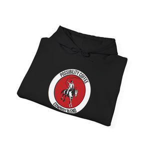 Cowboy Coffee Black hoodie with a red and white logo on a white background