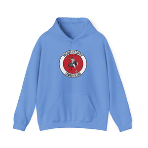 Cowboy Coffee Blue hoodie with a red and white cowboy on horse logo on a white background