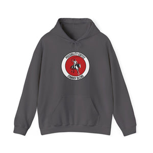 Cowboy Coffee Gray hoodie with a red and white cowboy on horse logo on a white background