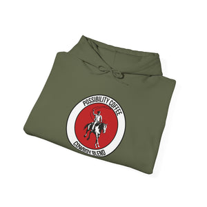 Cowboy Coffee Folded green hoodie with a red and white logo on a white background