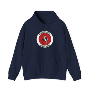 Cowboy Coffee Navy blue hoodie with a red and white logo on a white background