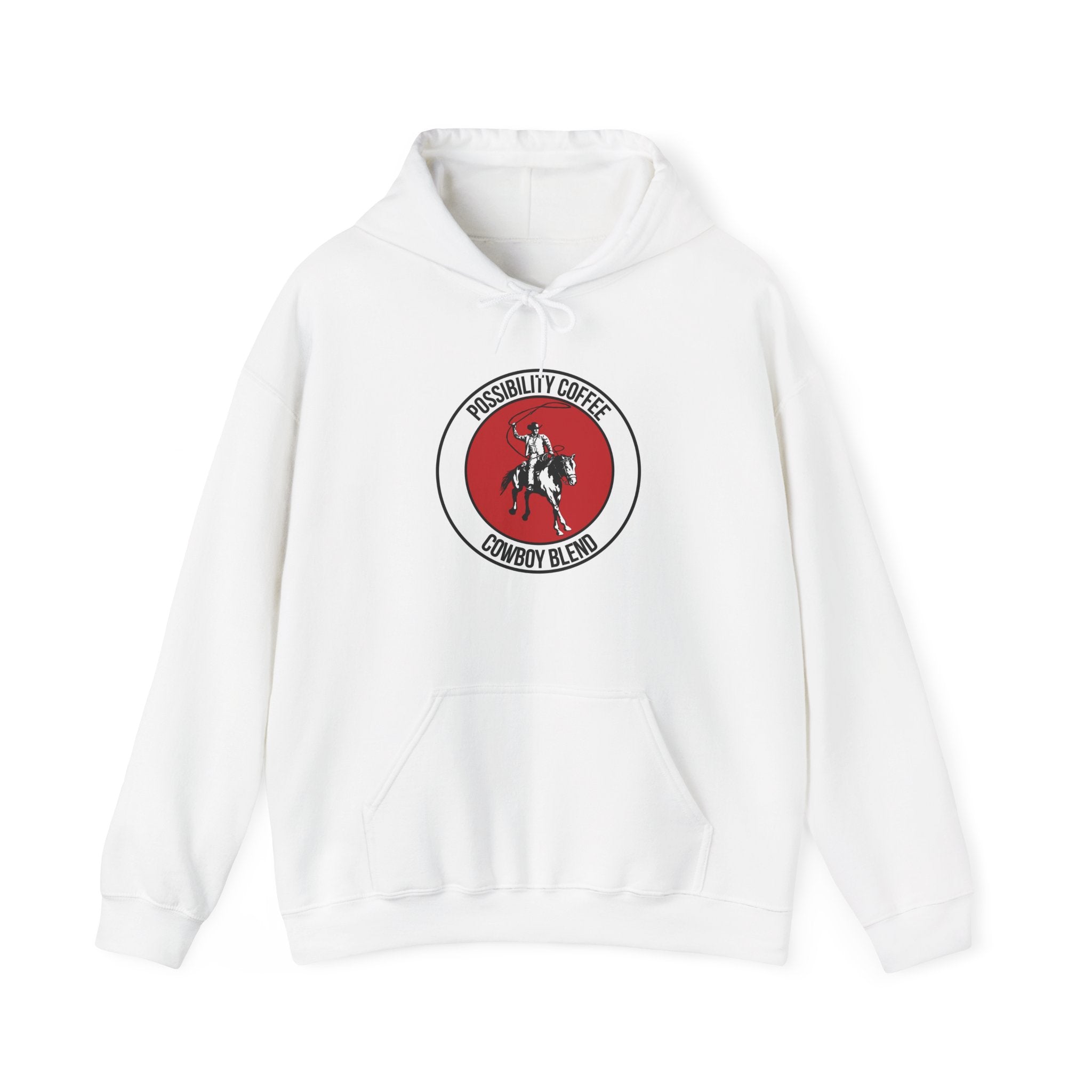 Cowboy Coffee White hoodie with a red and black cowboy logo on a white background