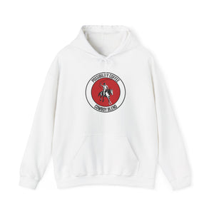 Cowboy Coffee White hoodie with a red and black cowboy logo on a white background
