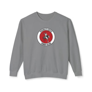 Cowboy Coffee Gray sweatshirt with a red and white logo featuring a cowboy on a horse on a white background