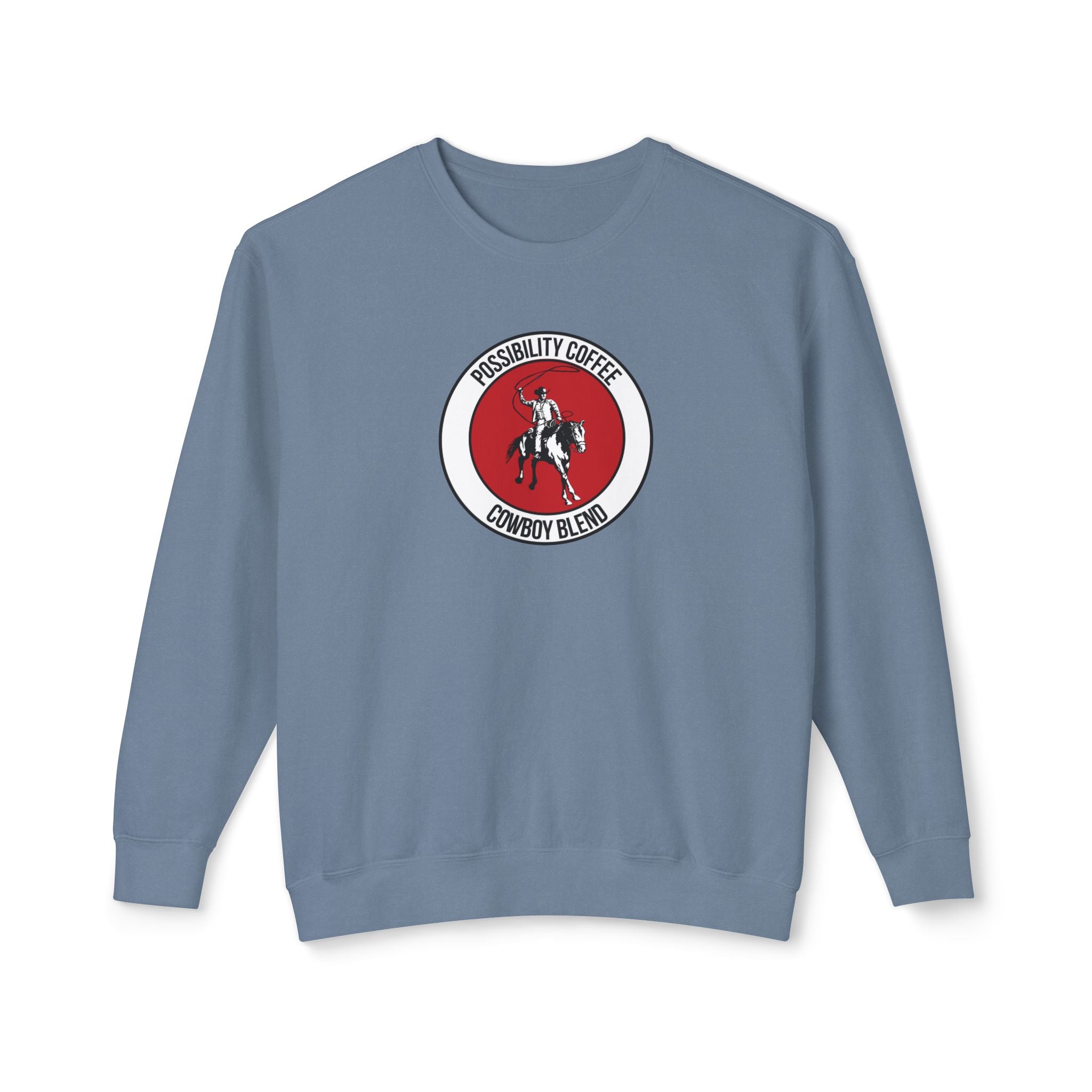 Cowboy Coffee Blue sweatshirt with a red and white logo featuring a cowboy on a horse on a white background