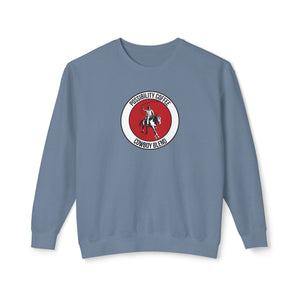 Cowboy Coffee Blue sweatshirt with a red and white logo featuring a cowboy on a horse on a white background