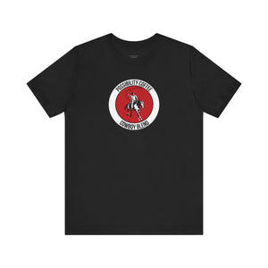 Cowboy Coffee Black t-shirt with a red and white graphic featuring cowboy on horse on a white background