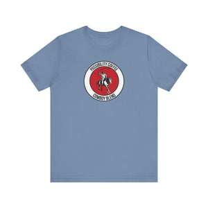 Cowboy coffee Blue t-shirt with a red and white graphic featuring cowboy on horse on a white background