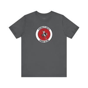 Cowboy Coffee Gray t-shirt with a red and white graphic featuring cowboy on horse on a white background