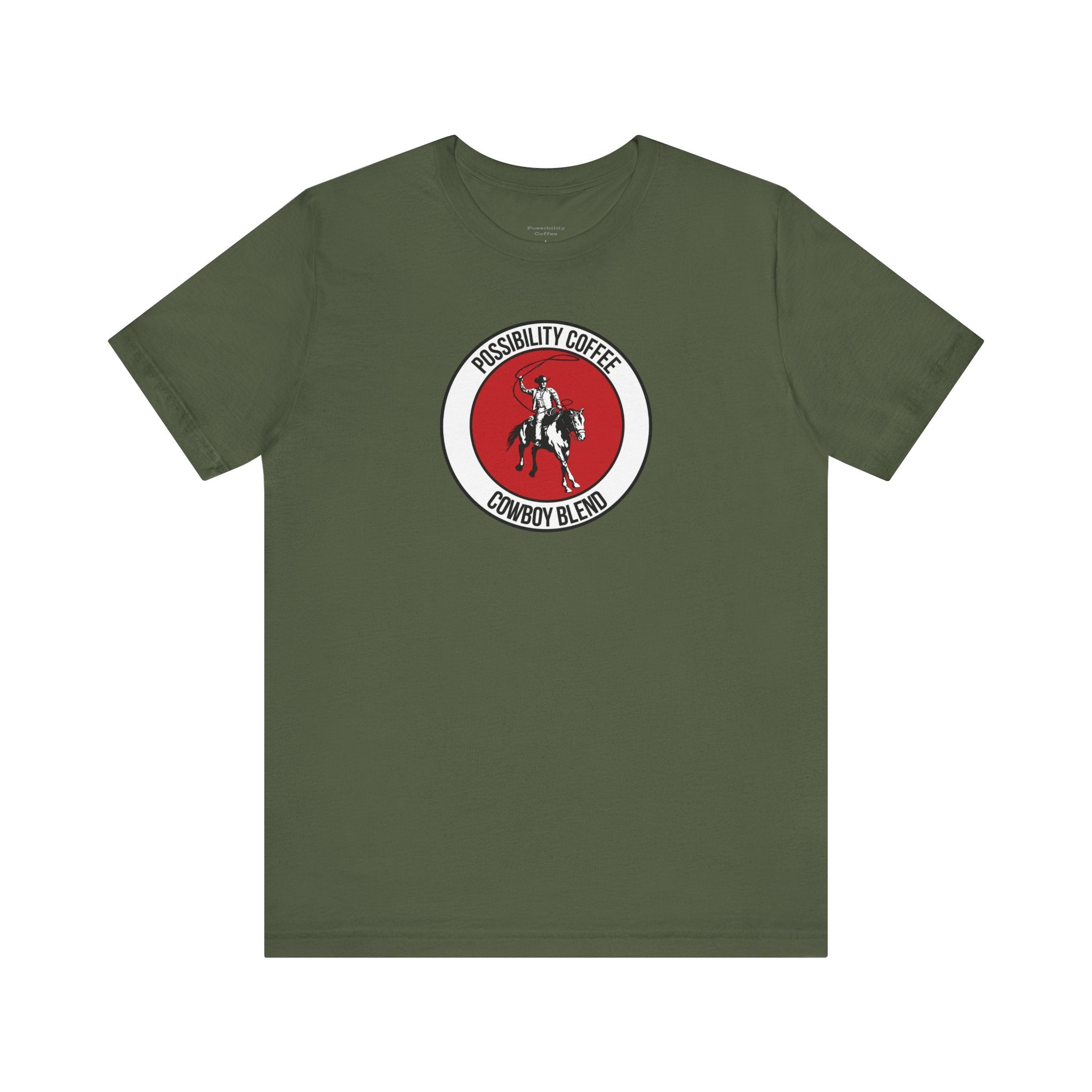 Cowboy Coffee Green t-shirt with a red and white logo featuring cowboy on horse on a white background