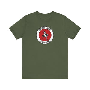 Cowboy Coffee Green t-shirt with a red and white logo featuring cowboy on horse on a white background