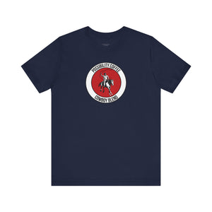 Cowboy Coffee Navy blue t-shirt with a red and white graphic featuring cowboy on horse on a white background
