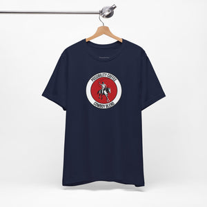 Cowboy Coffee Navy blue t-shirt with a red and white graphic featuring cowboy on horse on a hanger against a white background