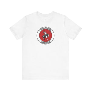 Cowboy Coffee White t-shirt with a red and black logo featuring cowboy on horse on a white background