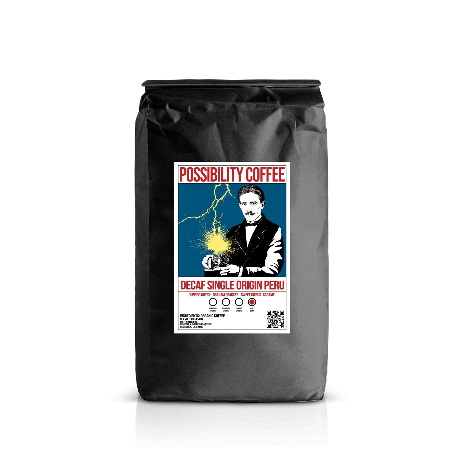A bag of Possibility Coffee Single Origin Peru non chemical Swiss water decaf coffee with white background