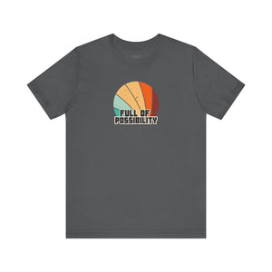 Gray t-shirt with a colorful graphic and 'Full of Possibility' text on a white background