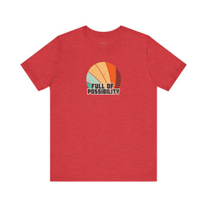Red t-shirt with a colorful graphic and 'Full of Possibility' text on a white background