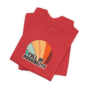 Red t-shirt with 'Full of Possibility' graphic on a white background