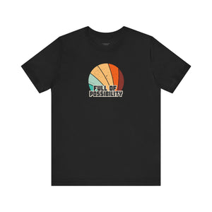 Black t-shirt with colorful graphic and 'Full of Possibility' text on a white background