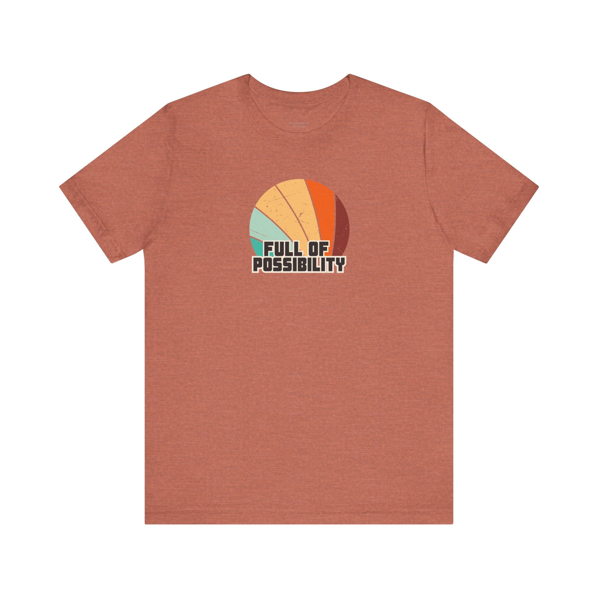 Brown t-shirt with a colorful graphic and 'Full of Possibility' text on a white background