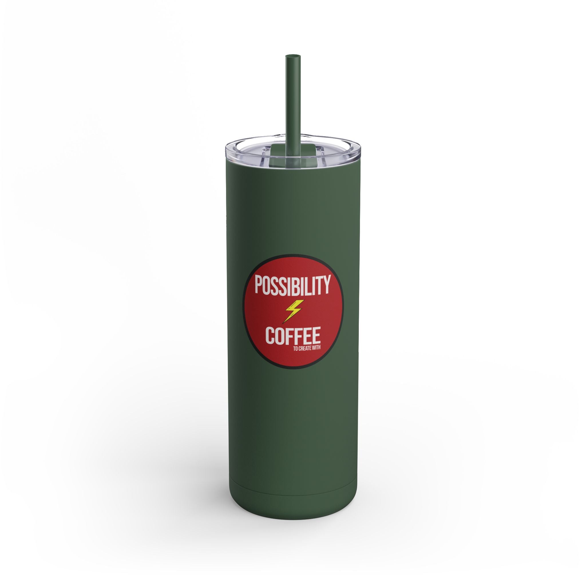 Pine Needle Green matte finish tumbler with Possibility Coffee Logo Artwork for hot and cold beverages with lid and matching straw with white background