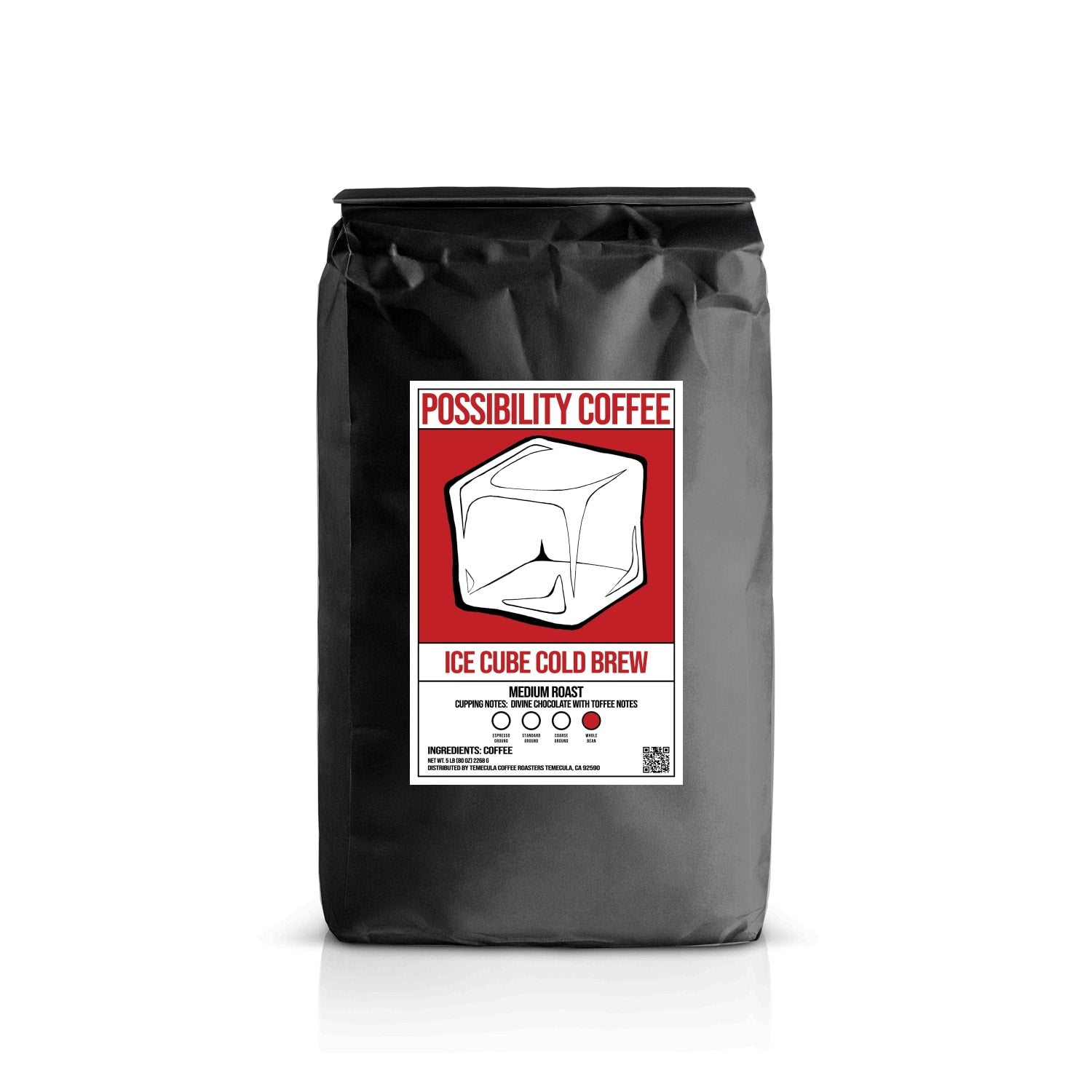 A bag of Possibility Iced Cube Cold Brew Coffee Beans with a white background