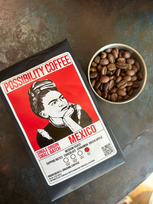 Bag of Possibility Coffee Single Origin Mexico on table with beans