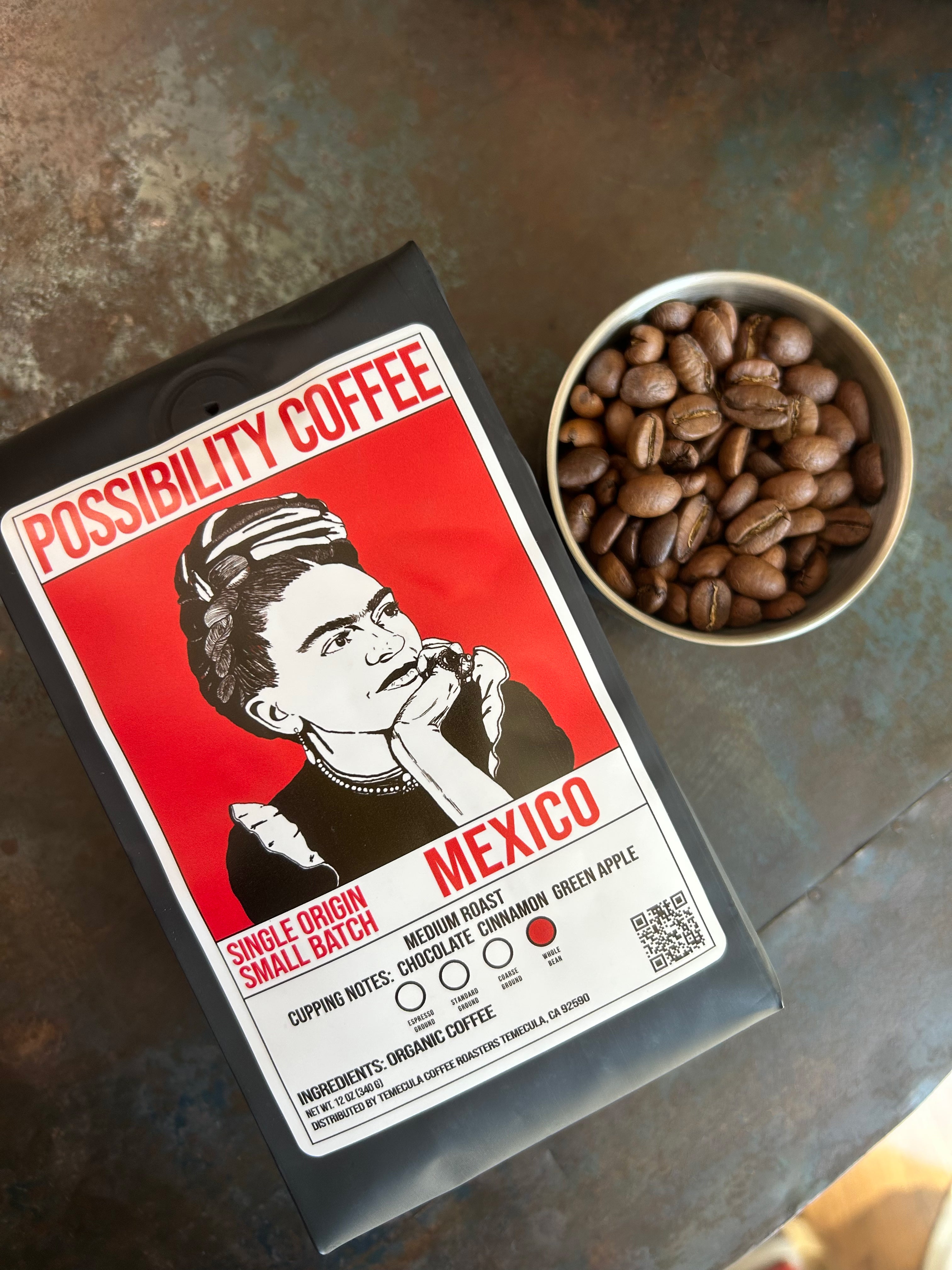 Bag of Possibility Coffee Single Origin Mexico on table with beans