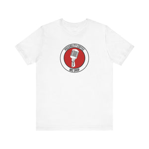 Mic Drop White t-shirt with a red and black logo featuring a microphone on a white background