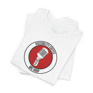 Mic Drop White t-shirt with a red and black graphic design with microphone on a white background