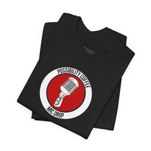 Mic Drop Black t-shirt with a red and white graphic and text on a white background