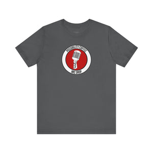 Mic Drop Gray t-shirt with a red and white graphic of a microphone on a white background