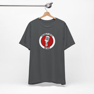 Mic Drop Gray t-shirt with a red and white graphic with microphone on a hanger against a white background