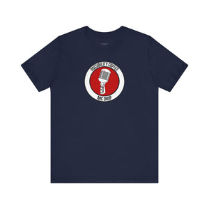 Mic Drop Navy blue t-shirt with a red and white graphic featuring a microphone on a white background