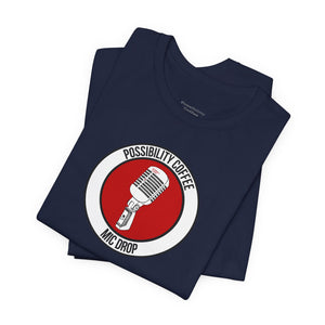 Mic Drop Navy blue t-shirt with a red and white graphic design on a white background