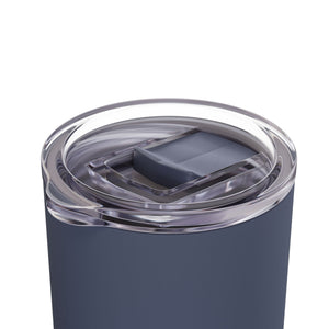 Navy blue tumbler with a clear lid on a white background