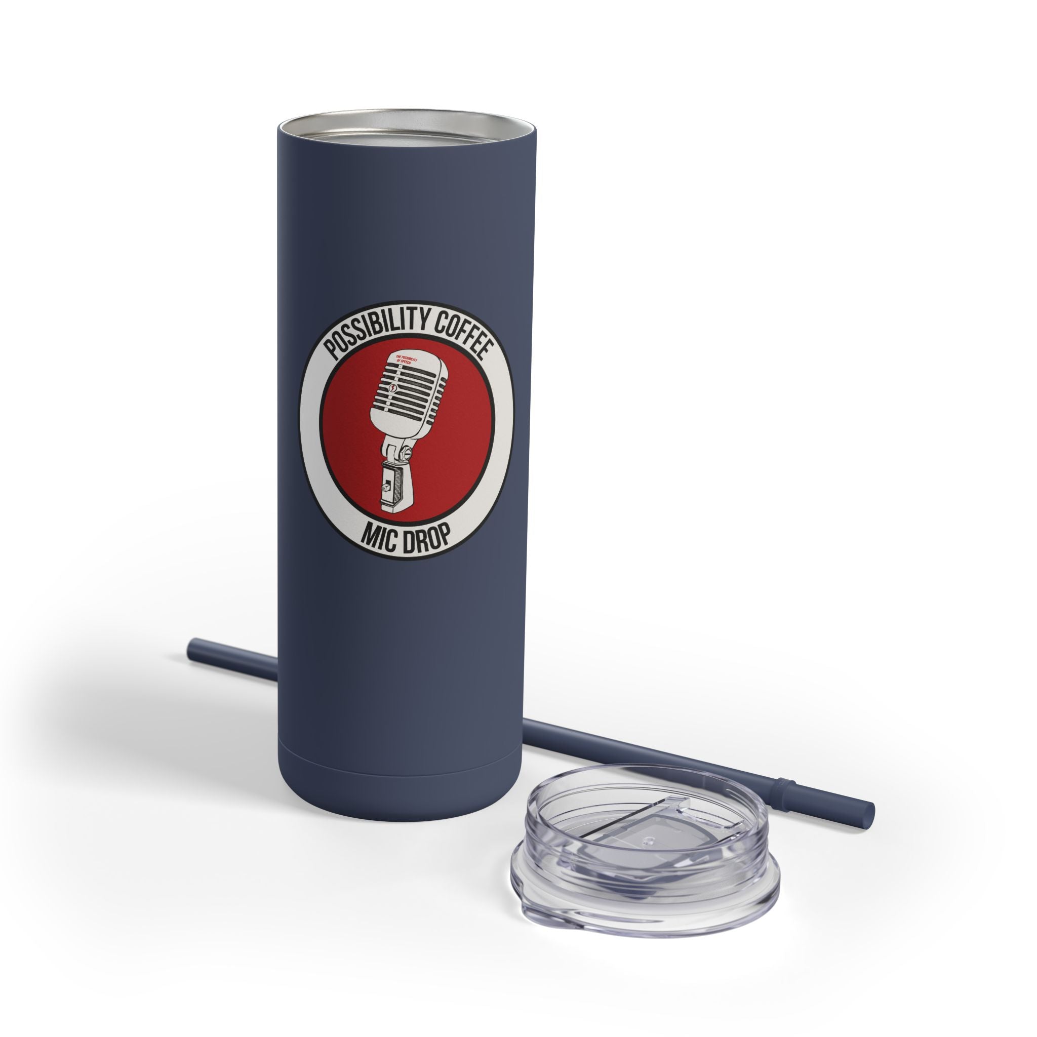 Mic Drop Navy blue tumbler with a red and white logo featuring a microphone on a white background