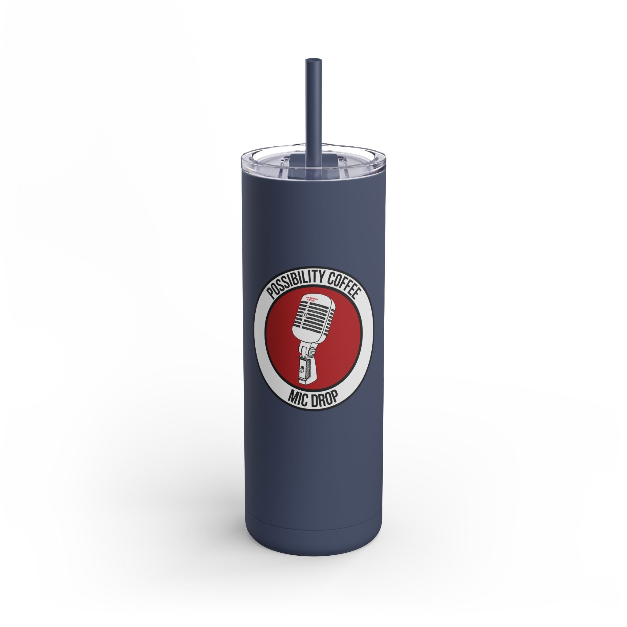 Mic Drop Navy blue tumbler with a red and white logo and old school microphone on a white background