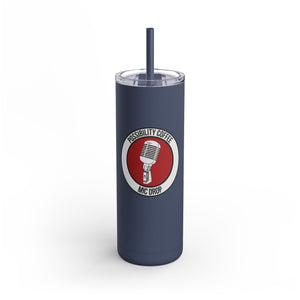 Mic Drop Navy blue tumbler with a red and white logo and old school microphone on a white background