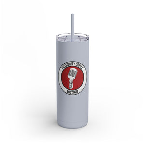Mic Drop dusty blue tumbler with a red and white logo on a white background