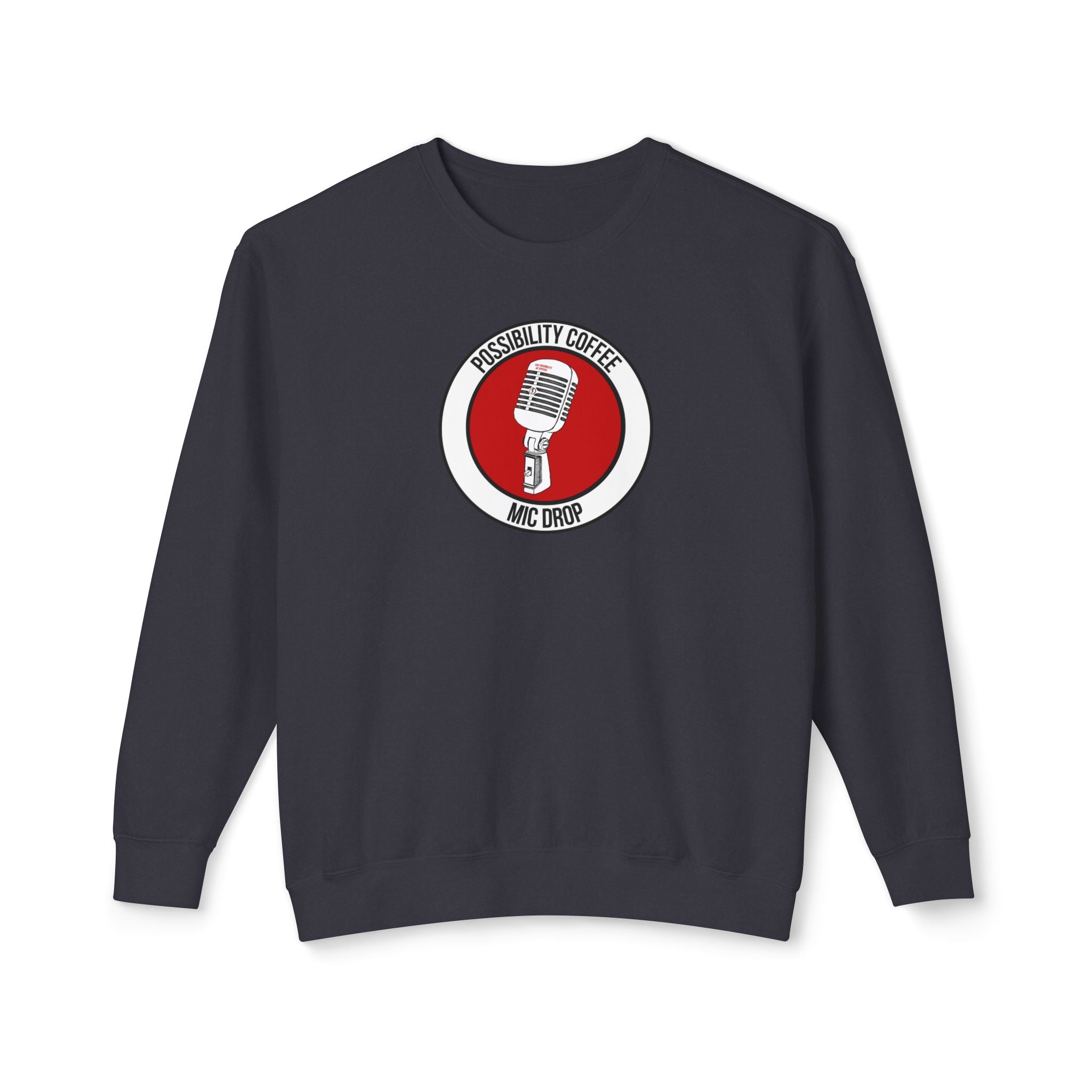 Mic Drop sweatshirt with a red and white logo featuring a microphone on a white background