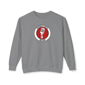 Mic Drop Gray sweatshirt with a red and white logo featuring a microphone on a white background