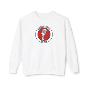 Mic Drop White sweatshirt with a red and black logo on a white background