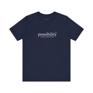 Possibility Navy blue t-shirt with 'possibility coffee to create with' text on a white background