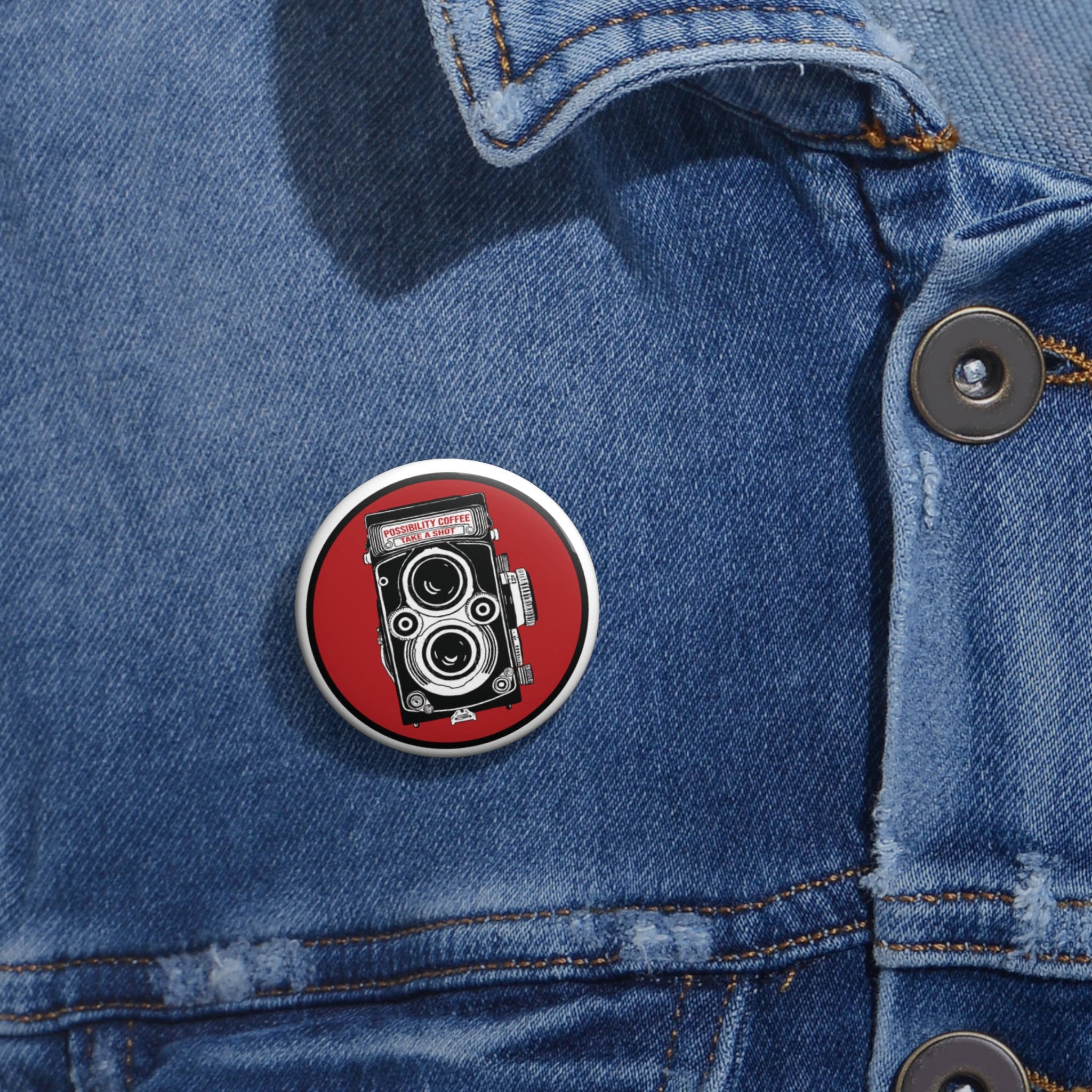 Possibility Coffee Button pin on a denim jacket